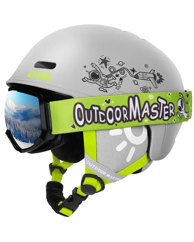 OutdoorMaster Kinder Skihelm & Skibrillenset, Snowboardhelm, Robuste PC-Schale & EPS-Schaum, Skihelm mit 12 Belüftungsöffnungen, Verstellbarer Helm, Sicherheitszertifizierte Helme für Jungen & Mädchen