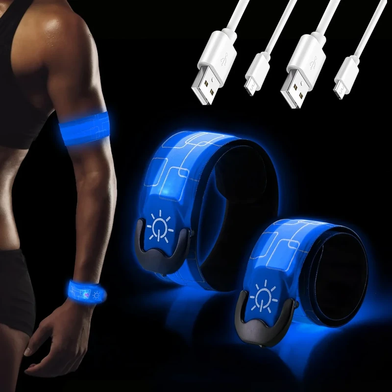 DazSpirit 2 Stück LED Armband Aufladbar, USB Reflective LED leucht Armbänder Lichtband, Band leuchtarmband Kinder Nacht Sicherheits Licht für Joggen Laufen Hundewandern Running Outdoor Sports (Blau)