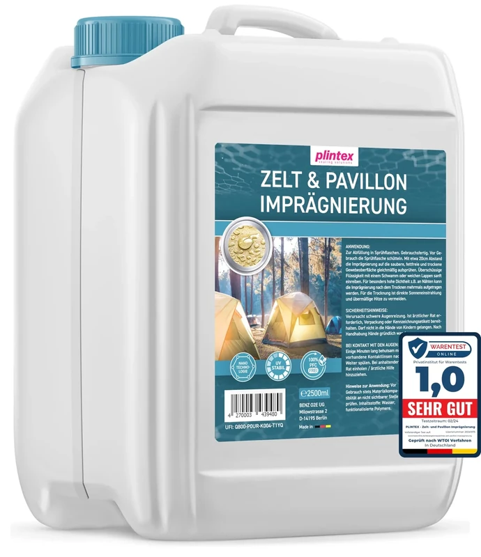PLINTEX® Zelt & Pavillon Imprägnierung 2,5L - Imprägnierspray für Zelte, Markisen, Sonnenschirm oder Pavillons - effektiver Flächen- & Nahtdichter für Zelte - dermatologisch getestet & atmungsaktiv