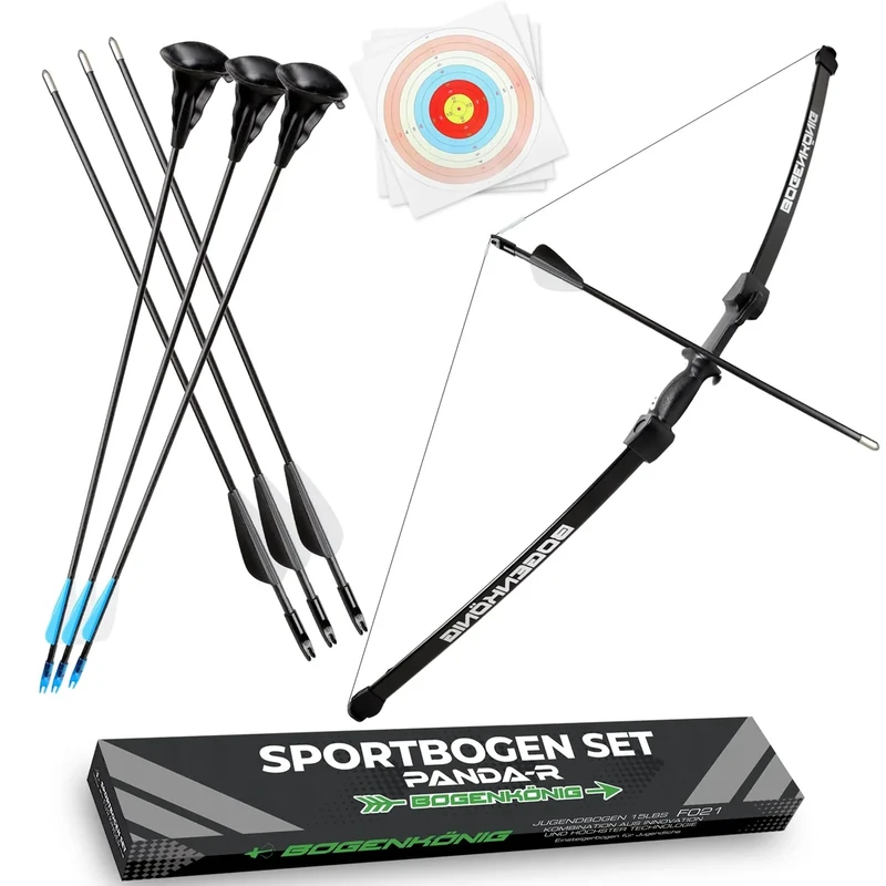 Bogenkönig Pfeil und Bogen Kinder Set-Einsteiger Sportbogen mit 6 Pfeilen (3 schwarz Pfeile mit Metallspitze und 3 blaue Pfeile mit Saugnapf) 6x Zielpapier Ideal für Kinder und Jugendliche ab 7 Jahren