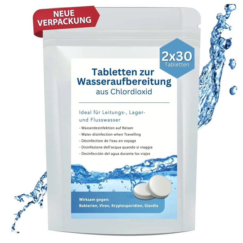 Wasseraufbereitung Trinkwasser (2x30 Tabletten) - Wasserentkeimung & Trinkwasseraufbereitung - Chlordioxid Tabletten - Blackout Notfallrucksack - Notfall Ausrüstung
