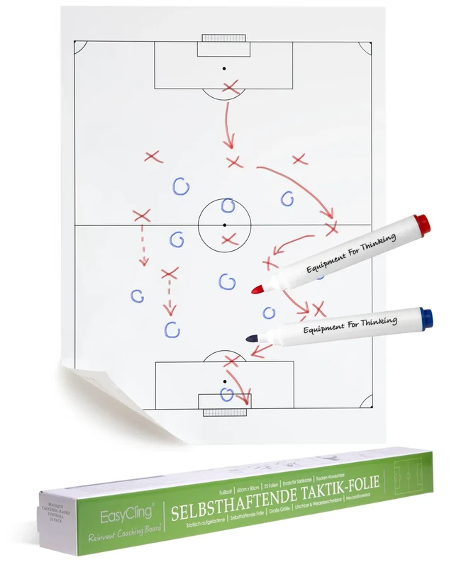 EASYCLING® Magique Taktiktafel Fußball Selbsthaftend - Statische Taktikfolie Fußball mit 25 Blatt & 2 Boardmarker Inkl, Abwischbar und Wiederbeschreibbar, Geeignet für alle glatten Flächen, 80cmx60cm