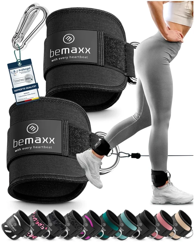 BeMaxx Fußschlaufen für Kabelzug 2er Set + eBook - Kickbacks Fussschlaufen Klettverschluss Gepolstert - Seilzug Ankle Foot Straps Fuß-Manschetten Schlaufen | Gym Zubehör Kraft-Sport Fitness Frau Mann