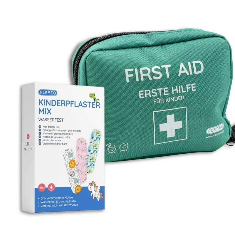 Erste Hilfe Set Kinder & 50 zusätzliche Kinderpflaster, Reiseapotheke Kinder gefüllt mit 47 Inhaltsteilen