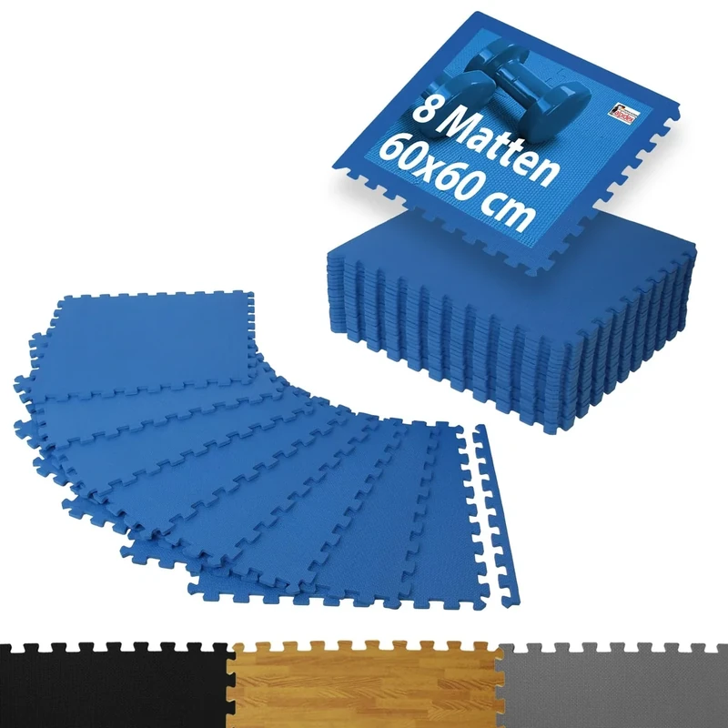 ALPIDEX 8er Set Bodenschutz Sportgeräte Matte 1cm Dicke 60x60 cm Trainingsmatten 2,88 m² Unterlegmatte Pool Fitness Turnmatte Fitnessraum Gymnastikmatte Fitnessmatte Bodenmatte Gummimatte, blue