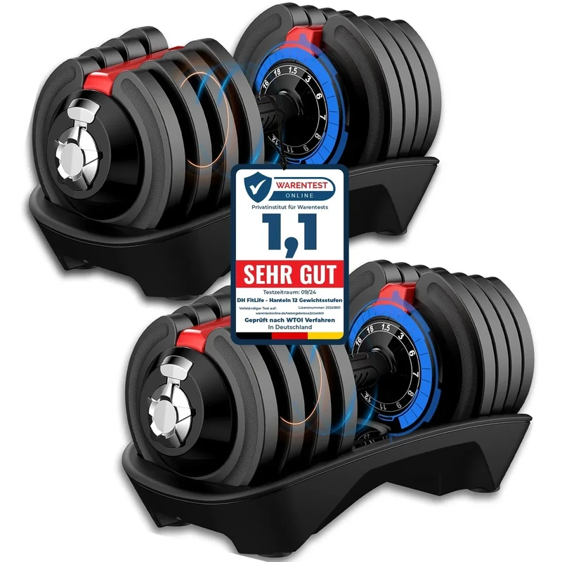 DH FitLife 2 x 18kg verstellbare Hanteln 1,5 bis 18 KG mit 12 Gewichtsstufen, Kurzhanteln mit Hantelscheiben, 2er set