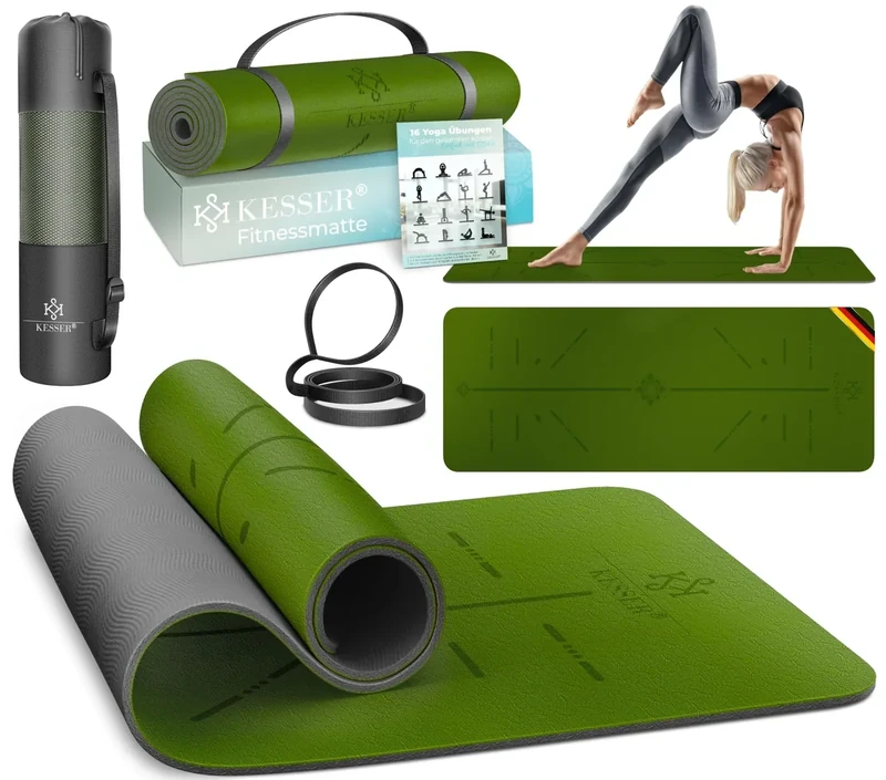 KESSER® Gymnastikmatte mit Tragegurt rutschfest TPE Yogamatte Gepolstert & rutschfest Fitnessmatte, 183 x 61 Trainingsmatte für Fitness Sportmatte, Pilates & Gymnastik + Tragegurt & Tasche, extradick