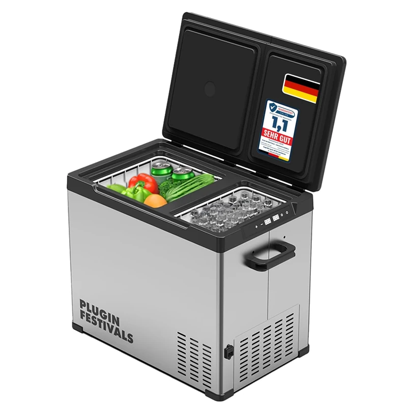 PLUG IN FESTIVALS elektrische Kühlbox - 2 Fächer Kompressor Kühlbox 12v 230v - bis -20 Grad & App-Steuerung - Gefrierbox Auto & Camping - DUAL Ice Cube elektrisch (38 Liter) - Image 1