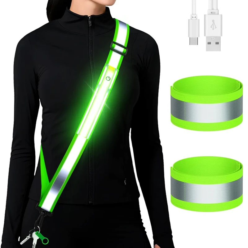 Reflektierende LED-Laufausrüstung, hohe Sichtbarkeit, reflektierende Gürtelschärpe mit Armband für Spaziergänge bei Nacht, verstellbare Lauf-Sicherheitsausrüstung, beleuchteter Laufgürtel für Läufer