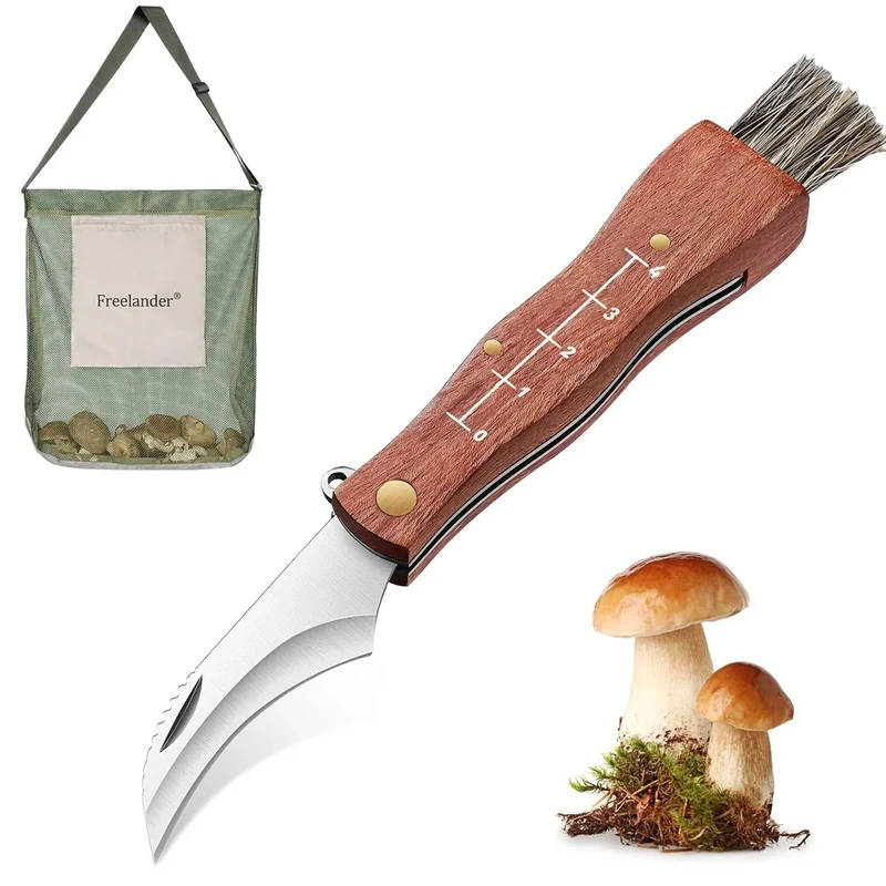 Freelander Pilzmesser mit Bürste und Tasche, Großvolumige Pilzsammeltasche, Schwammerlmesser mit Pinsel, Taschenmesser Klappmesser Outdoor mit Holzgriff, Pilzmesser Set Geschenk für Pilzsammler