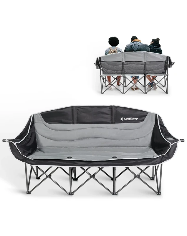 KingCamp Dreisitzer Campingstuhl Faltbar bis 450 kg, Klappstuhl Camping für 3 Personen mit Armlehne, Camping Sofa Couch 3 Sitzer Bequem, Übergröße Gartenstuhl Gepolstert Hochlehner, Schwarz/Grau