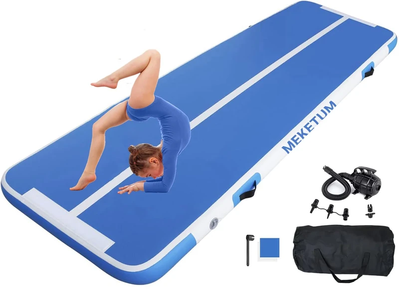 MEKETUM Air Turn Track Matte 2m 3m 4m 5m 10/20cm Dicke Turnen Matten Aufblasbar Gymnastikmatte Rutschfest Sportmatte für Zuhause/Training/Tumbling/Yoga/Outdoor/Fitness (Blau, 4m20)