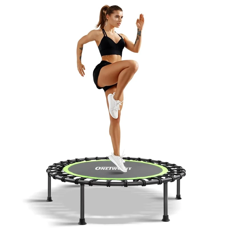 ONETWOFIT 107cm Trampolin Outdoor,Rückprall Trampolin für Erwachsene, Leises Mini Trampoline für das Indoor Training, Fitness Trampoline mit Bungee Rückpraller (Grün-rund-ohne Griff)