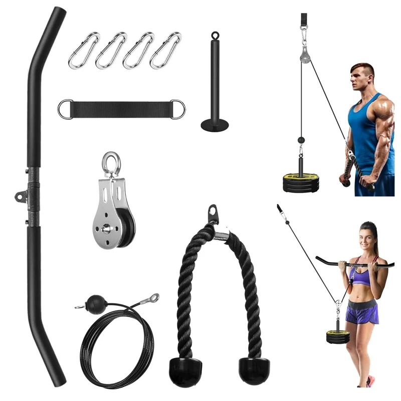 Kabelzug Fitness Kabel Latzug Fitness Bizeps Rücken Trainingsgerät DIY Kabelzug Pulley System Latzugmaschine Arm Krafttraining Home Gym Workout Equipment (Set mit Trizepsseil, Latzugstange)