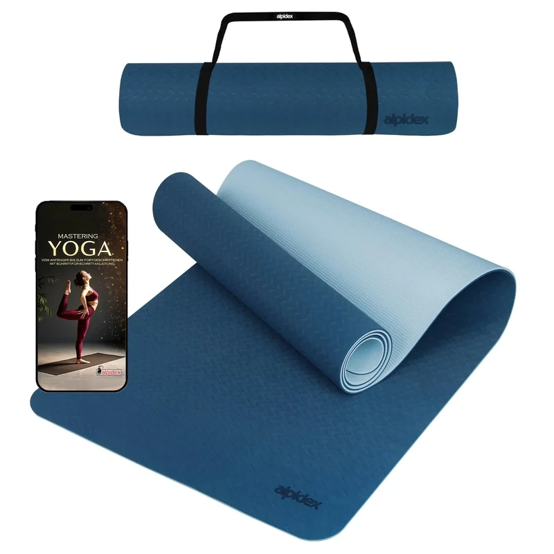 ALPIDEX Yogamatte rutschfest 190 x 61 x 0.6 cm | 190 x 90 x 0.6 cm E-Book Phthalatfreie Fitness TPE Matte Gymnastik Turnen Pilates Sport Yoga Trainingsmatte, Dark Blue/Ice Blue, 190 x 61 x 0.6 cm