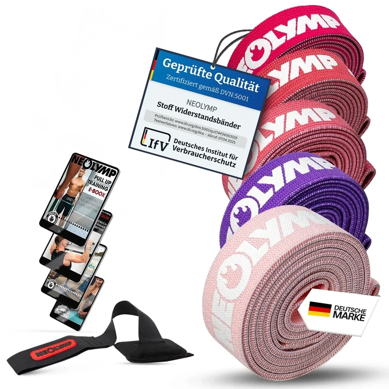 5er NEOLYMP Fitnessbänder Set Stoff - waschbare Resistance Bands, Widerstandsbänder, Gymnastikband inkl. E-Book mit Fitnessbänder-Übungen