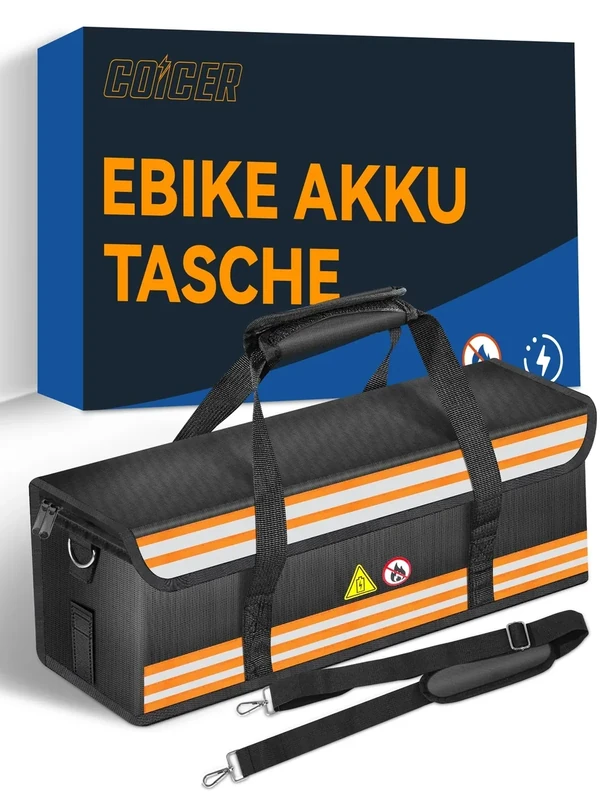 COICER E-Bike Akku Tasche Feuerfeste, Schutz Feuerfeste Box für Akkus, Explosionsgeschützte Lipo Fahrrad, Safe Bag Ebike Akku Schutzhülle Große Batterieaufbewahrung Zubehör mit Schultergurt L