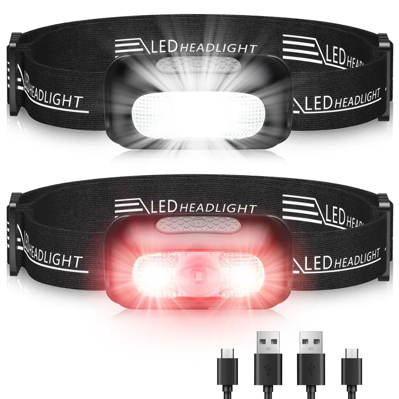 EOIWUY Stirnlampe, [2 Stück] Stirnlampe LED Wiederaufladbar Superhelle mit 5 Modi, Weißes und Rotes Licht & IPX4 Wasserdicht, 60° Verstellbare Kopflampe Laternenzubehör für Joggen/Camping/Erwachsene