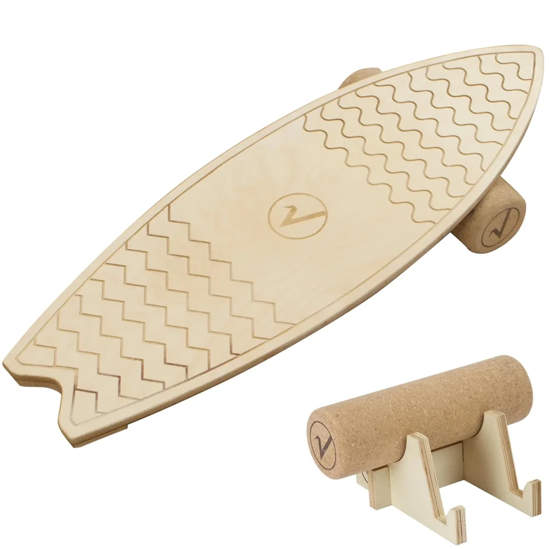 valuents Balance Board aus Holz in Surfboard Form inkl. Rolle für Neuromuscular Response Training +Plus: Halterung & Ball