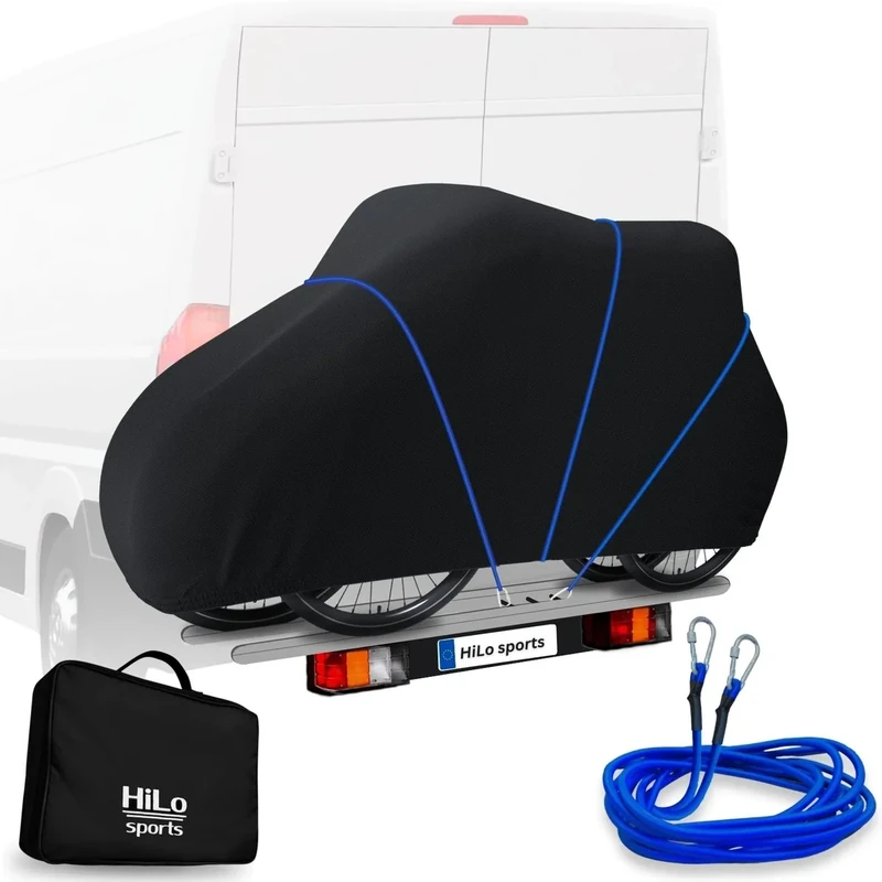 HiLo sports reißfeste Fahrradabdeckung Heckträger für 2 Fahrräder - [Mit 6m Seil] - Wasserdichter Fahrrad und E-Bike Transportschutz - Aus 600D Ripstop - Fahrradschutzhülle für Fahrradträger