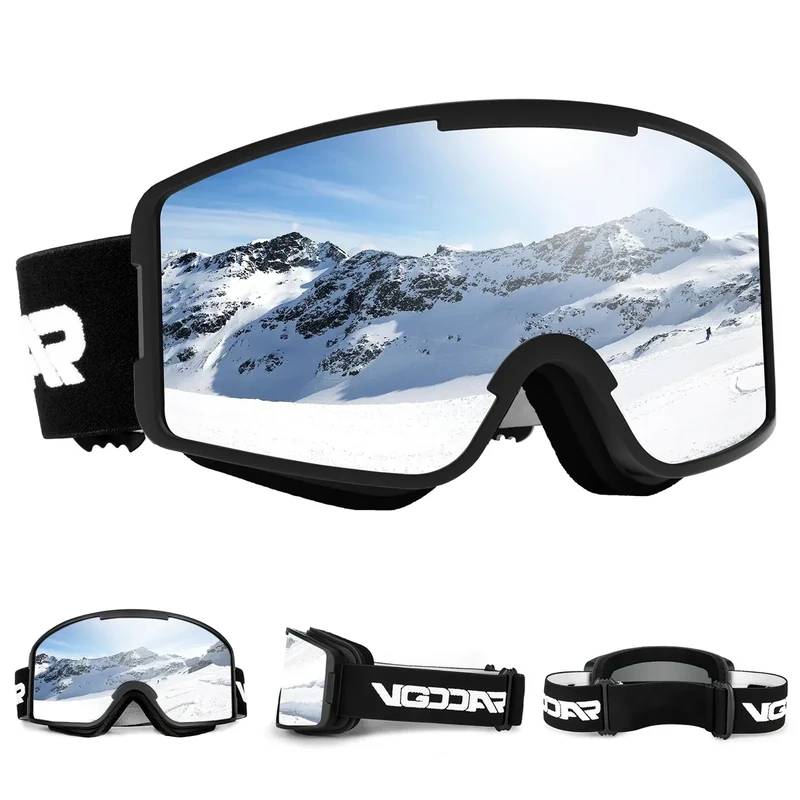 Vgooar Skibrille, OTG Zylindrischen Linse Skibrille mit Verstellbaren Langen Trägern, 100% UV-Schutz Anti-Beschlag Schneebrille für Herren und Damen