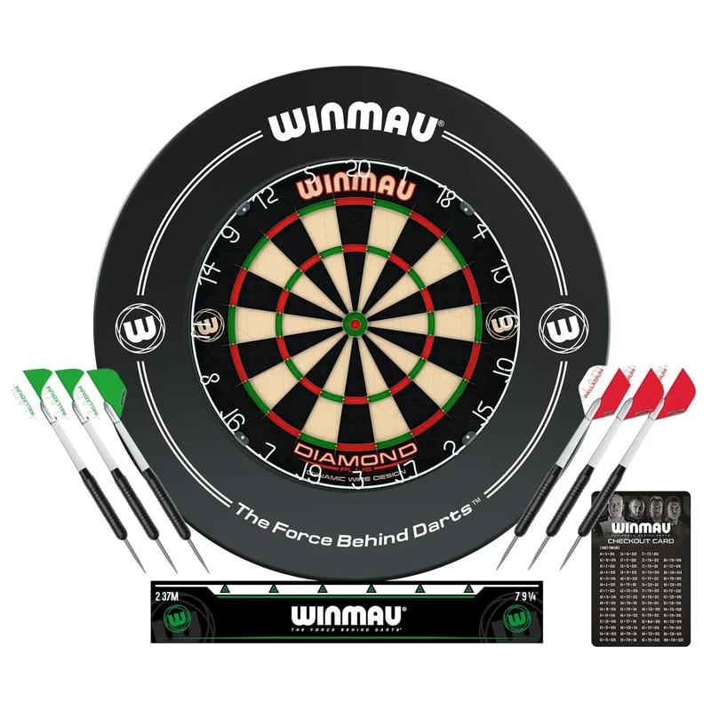 WINMAU Diamond Plus Steeldartscheibe Surround-Set - Professionelles Dartzubehör - Enthält Diamond Plus Dartscheibe, Dart Surround, 2 Sätze von Präzision Steeldart Und Mehr