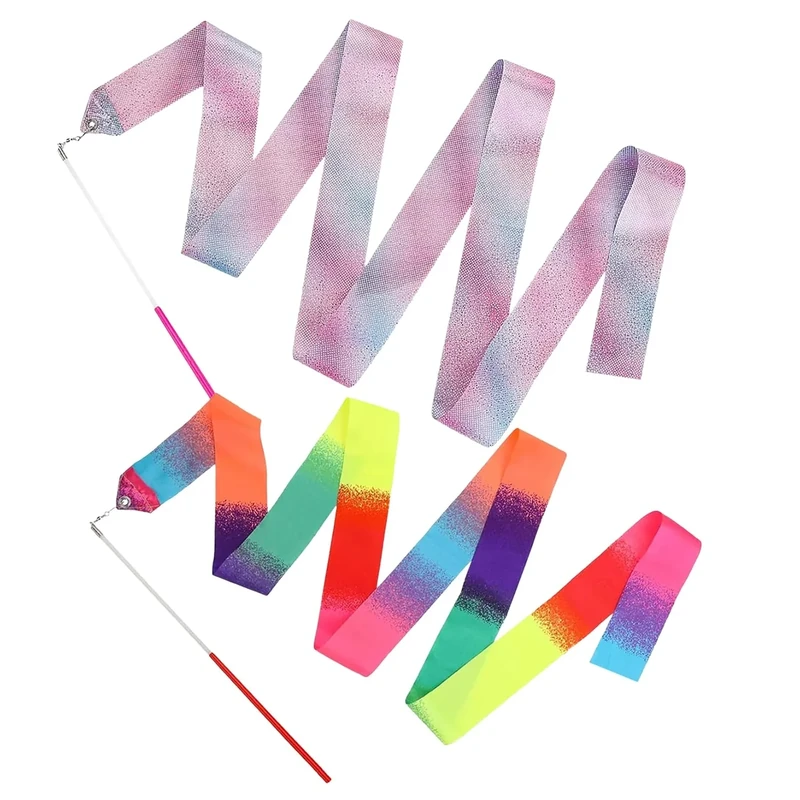 DaiUni Bänder für Gymnastik, 2m Glitter Pink und Gradient Multi-Colored Tanzbänder für Kinder Mädchen Künstlerisches Tanzen Training Geburtstag Gastgeschenke, 2 Stück.