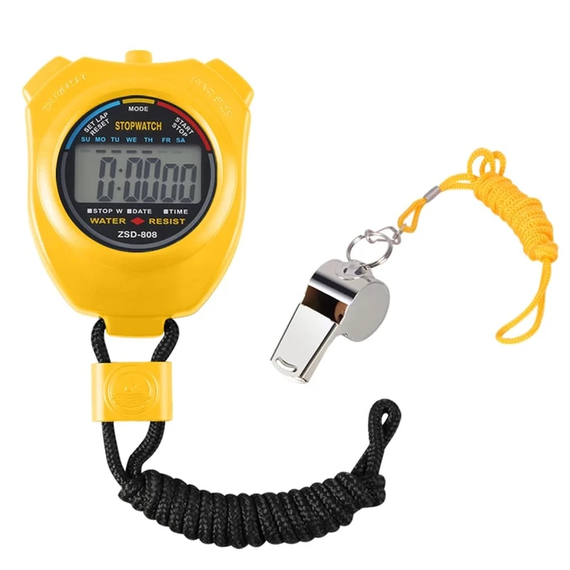 Vicloon Digital Sport Stoppuhr Timer mit Edelstahl Pfeife, große LCD-Display geeignet für Fußball, Basketball, Laufen, Schwimmen, Fitness und mehr(Gelb)