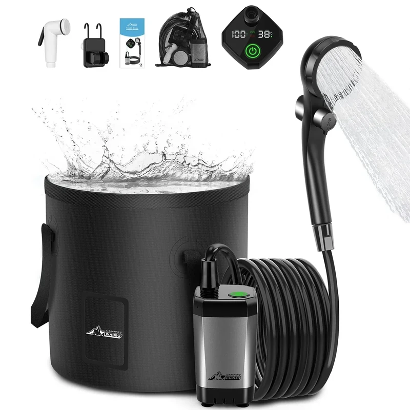 WADEO Tragbare Campingdusche Akku mit Pumpe und Duscheimer, Outdoor-Camping-Duschset mit Akku, Mobile Duschen Außenduschen mit Duschkopf, für Camping Reisen Garten Wandern Autowaschen (Silber grau)