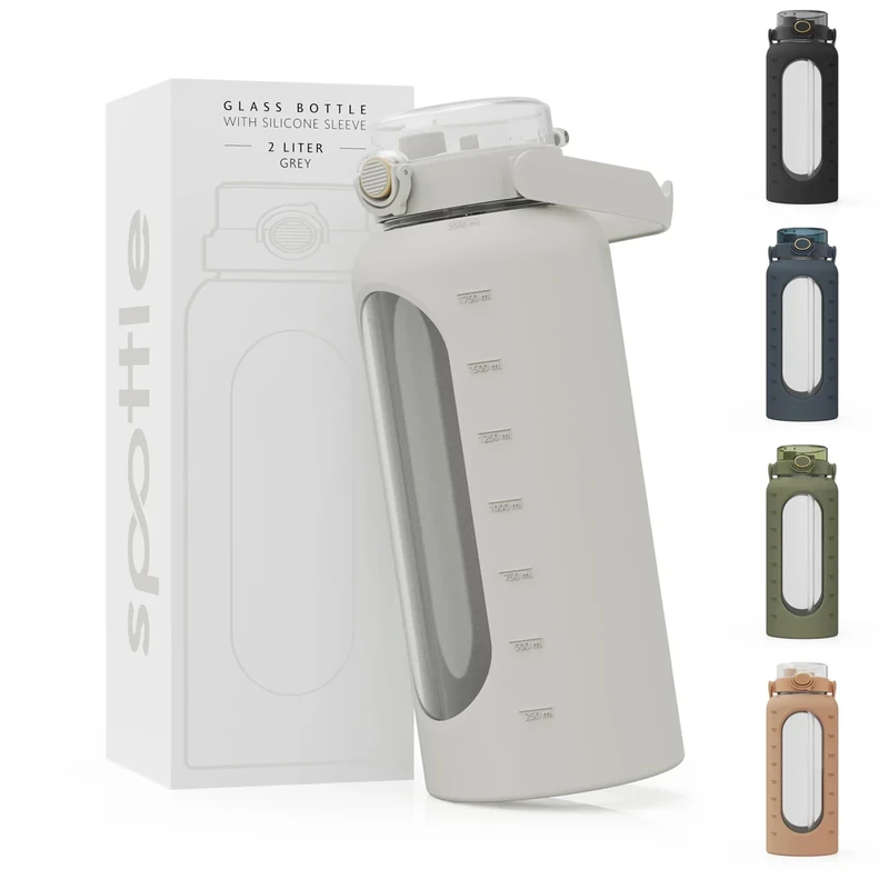 spottle Glasflasche 2 Liter - Trinkflasche 2L Glas mit Strohhalm - Große Wasserflasche mit Schutzhülle aus Silikonhülle - auslaufsicher - spülmaschinenfest - BPA-frei