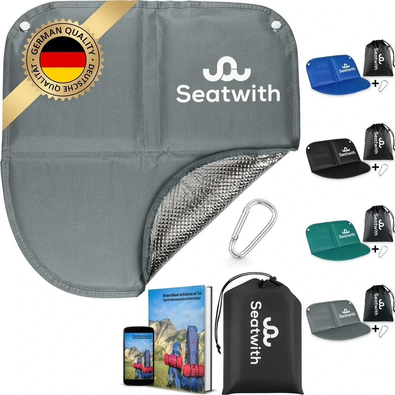 Seatwith 2X Faltbares Iso-Sitzkissen (40x40cm) mit Wärme isolierender ALU Unterseite + Tragetasche & Karabinerhaken für ideale Befestigung am Rucksack maximaler Schutz vor Kälte Nässe Schmutz