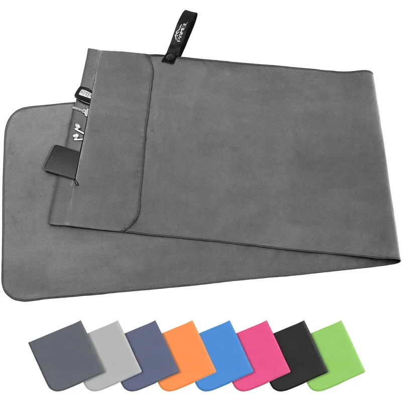 Pameil Fitness Handtuch mit Reißverschluss Tasche |120x50cm| Gym Mikrofaser Handtuch, Kompakt & Schnelltrocknend - Sporthandtuch Fitnessstudio, Reisehandtuch
