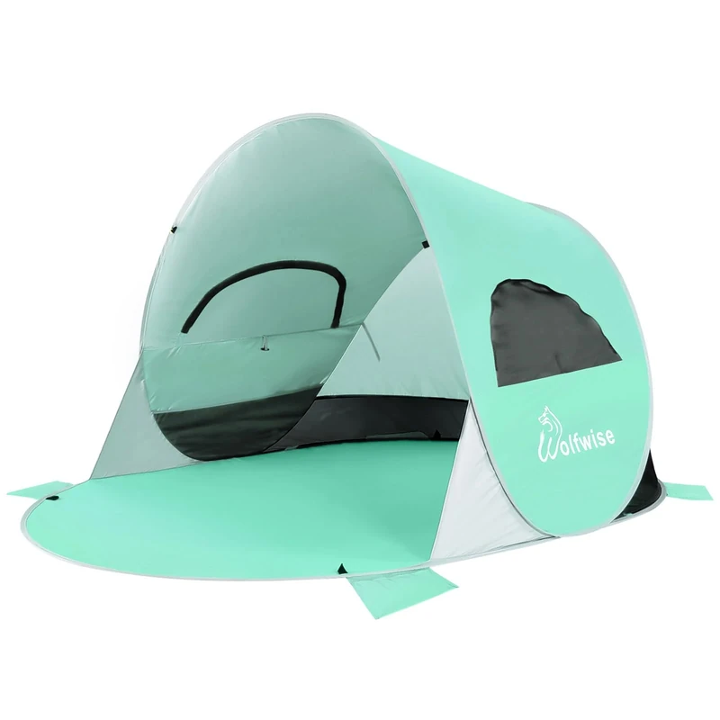 Wolfwise Pop Up Strandmuschel für 3-4 Personen, Sofort Aufbau, UV-Schutz 50+, Wasserabweisend, Belüftetes Anti-Riss Strandzelt mit Sandtaschen, 220x145x120CM (87 ×57×47 IN), Mintgrün Sun Grün