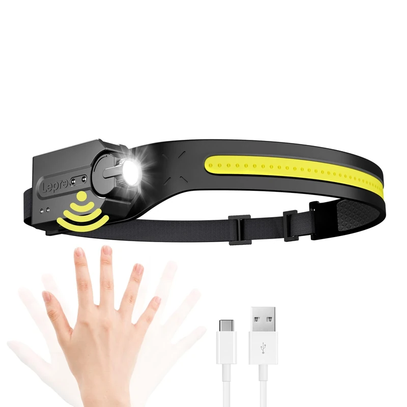 Lepro Stirnlampe, Superhelle Led Kopflampe, Wiederaufladbar mit 230° breitem Lichtkegel, Einstellbarem Scheinwerfer, Bewegungssensor, 5 Modi, Wasserdichte, leichte Stirnleuchte für Camping, Laufen