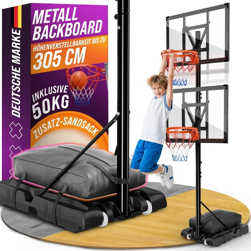 Basketballkorb Outdoor - 305 cm – höhenverstellbar für Kinder – Sack für Zusatzgewicht - Wetterfester Basketballkorb mit Ständer – inkl. Rollen zum Bewegen