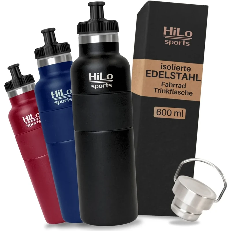HiLo sports 600 ml Fahrradflasche Edelstahl Isoliert - Für Kunststoff Flaschenhalter - [Pulver Beschichtetes Edelstahl] - Fahrrad Trinkflasche mit 2 Verschlüssen - Thermo Radflasche
