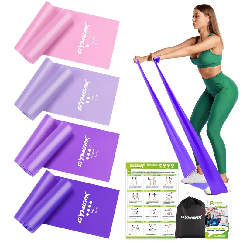 GYMERK Fitnessbänder Set 4er, 1.8M/2M Fitnessband, 4 Widerstandsstufen mit Übungsposter, Gymnastikband mit Tragetasche & Übungsanleitung, Ideal für Yoga, Pilates, Muskelaufbau