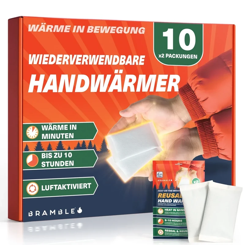 BRAMBLE 20 Handwärmer Wiederverwendbar (10 Doppelpackungen, 8 Stunden Wärme über 10 Tage) - Taschenwärmer Wärmepads für Golf, Wandern, Sport