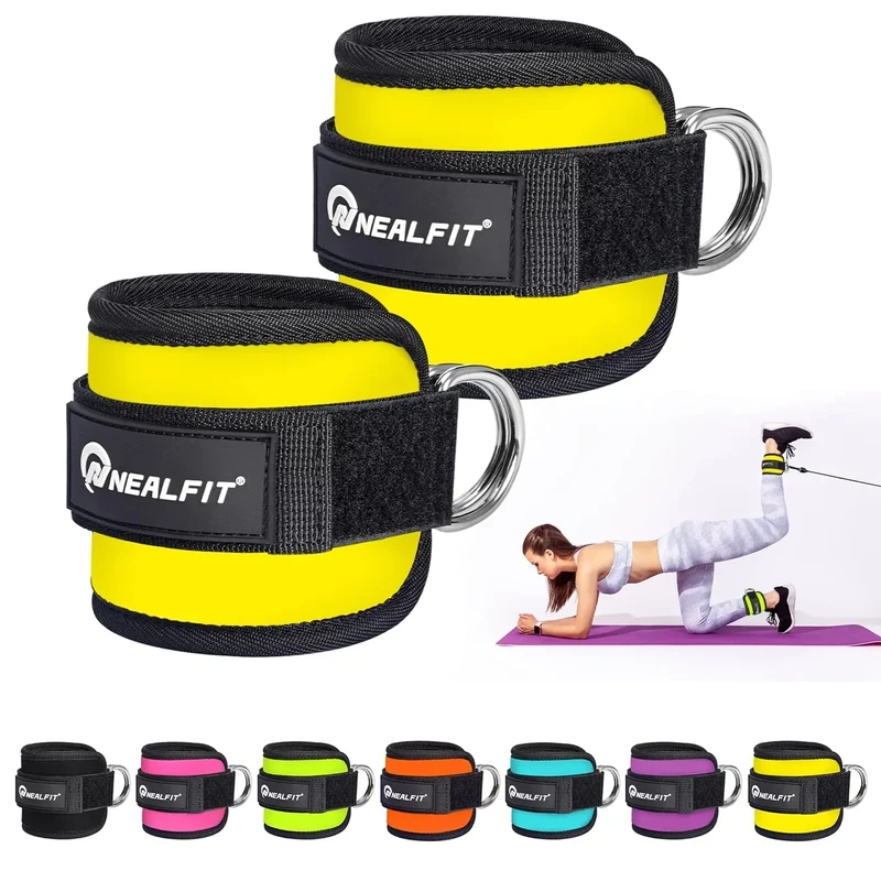 NEALFIT Fußschlaufe Kabelzug, Kickbacks Fußschlaufe, Verstellbarer Fußmanschetten Kabelzug mit Doppelten D-Ringen und Neoprenstütze(Gelb-Paar)