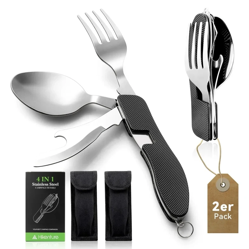 Camping Besteckset Klappbar Edelstahl 2er-Pack, 4 in 1 Outdoor Besteck zum Mitnehmen, Bundeswehr Reisebesteck Klappbesteck 1 Person für Unterwegs, Flaschenöffner Messer Gabel Löffel Set, 2xSchwarz