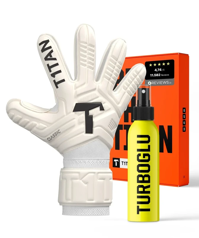 T1TAN Classic 1.0 White-Out Junior + Turboglu - Torwarthandschuhe Kinder und Grip Booster - ohne Fingerschutz - Fußballhandschuhe für Torhüter - Größe 4