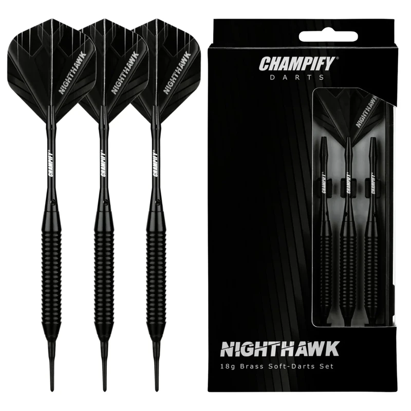 Champify® 18g Brass Soft-Darts Set “Nighthawk” mit Kunststoff-Spitze | 3 Dartpfeile mit 6 Schäften & 6 Flights & 30 Softdart-Spitzen | inkl. weiteres Zubehör | Dartpfeile mit Plastik-Spitzen