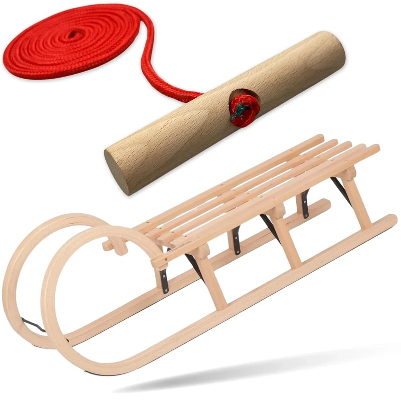 Explorer Colint Holzschlitten mit Rückenlehne für Kinder ab 1 Jahr und Erwachsene Set Schlitten Holz Hörnerschlitten mit 150cm Leine in Rot 110cm Alpina Fun