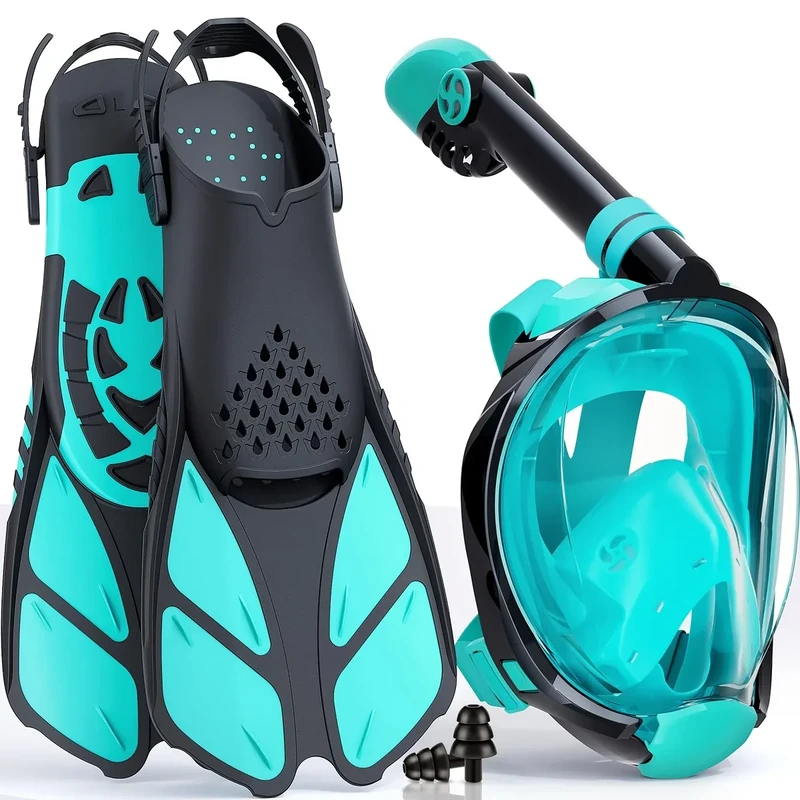 Lealinga Tauchmaske Vollgesichtsmske mit flossen, Schnorchelmaske Erwachsene, Vollmaske Müheloses Atmen, Kein Beschlagen, Kein Eindringen von Wasser, 180°Sichtfeld und Kamerahaltung