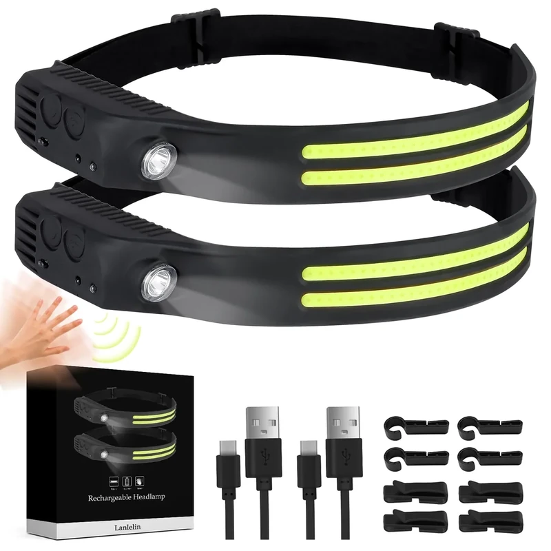 Lanlelin Stirnlampe LED Wiederaufladbar, 2 Stück 230° Weitwinkel 1500mAh Kopflampe Stirnlampe mit Rotem Warnlicht, 5 Lichtmodi IPX4 Wasserdicht Sensor Stirnlampen für Joggen, Angeln, Laufen