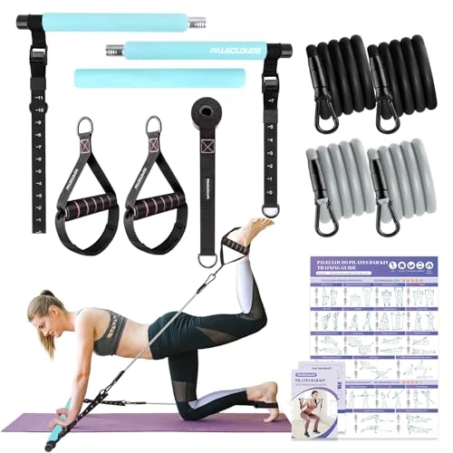 Pilates Stange, Pilates Bar Set mit 3 Paar Widerstandsbänder(20/25/30Lbs), Metall-Einstellung Schnalle & Ausbildung Poster, Pilates Skulptur Fitness Stange for Home Gym Workout Equipment