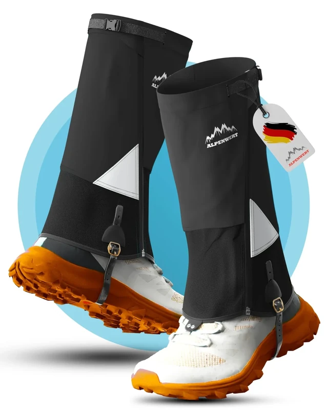 Alpenwert Gamaschen Wasserdicht [Deutsches Start-Up] geschützt beim Wandern, Jagd, Schnee, Winter, Regen Gaiters Regenstulpen für Herren und Damen (S, Schwarz)