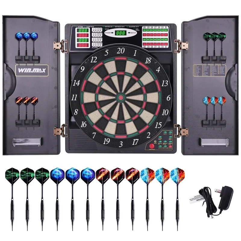 WIN.MAX Elektronische Dartscheibe Profi Set mit 211 Varianten für 1 bis 16 Spieler mit 12 Darts + 12 Flights 100 Pfeilspitzen Zubehör