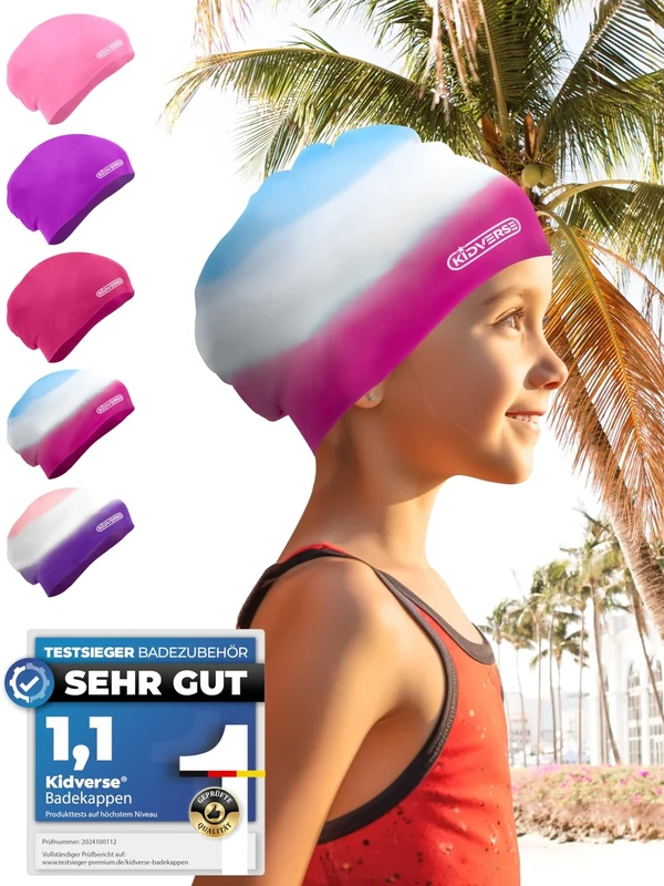 KIDVERSE Badekappe Mädchen Lange Haare 6-9 Jahre - Badekappe Kinder Mädchen mit Anti-Rutsch-Noppen- Badehaube Kinder - UV Schutz Schwimmhaube Kinder reißfest & wasserdicht