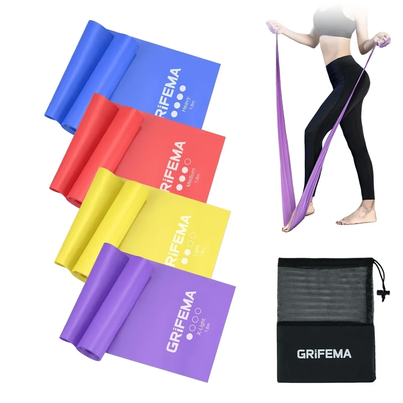 GRIFEMA Fitnessbänder [4er Set], Gymnastikband mit 4 Widerstandsstufen, Fitnessband mit Tragetasche & Übungsanleitung, Resistance Bands für Yoga, Pilates, Blau, Rot, Gelb, Violett